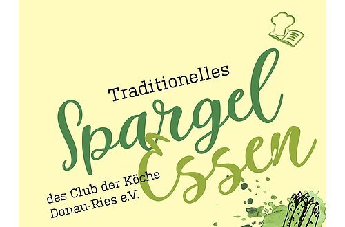 Einladungsbild für ein Spargelessen: Der Club der Köche e. V. lädt am 14. Mai 2026 ins Hotel Meerfräulein in Wemding ein. Das Bild zeigt frischen weißen Spargel auf einem Teller, teilweise mit Sauce, in heller, freundlicher Atmosphäre. Die Gestaltung wirkt hochwertig und kulinarisch geprägt. Im Vordergrund steht der Hinweis auf die Veranstaltung und das Datum.
