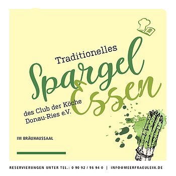 Einladungsbild für ein Spargelessen: Der Club der Köche e. V. lädt am 14. Mai 2026 ins Hotel Meerfräulein in Wemding ein. Das Bild zeigt frischen weißen Spargel auf einem Teller, teilweise mit Sauce, in heller, freundlicher Atmosphäre. Die Gestaltung wirkt hochwertig und kulinarisch geprägt. Im Vordergrund steht der Hinweis auf die Veranstaltung und das Datum.
