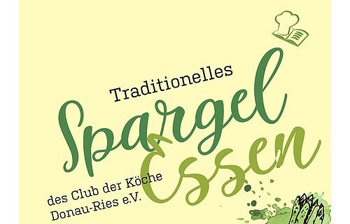 Einladungsbild für ein Spargelessen: Der Club der Köche e. V. lädt am 14. Mai 2026 ins Hotel Meerfräulein in Wemding ein. Das Bild zeigt frischen weißen Spargel auf einem Teller, teilweise mit Sauce, in heller, freundlicher Atmosphäre. Die Gestaltung wirkt hochwertig und kulinarisch geprägt. Im Vordergrund steht der Hinweis auf die Veranstaltung und das Datum.